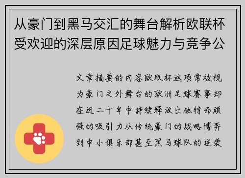 从豪门到黑马交汇的舞台解析欧联杯受欢迎的深层原因足球魅力与竞争公平性